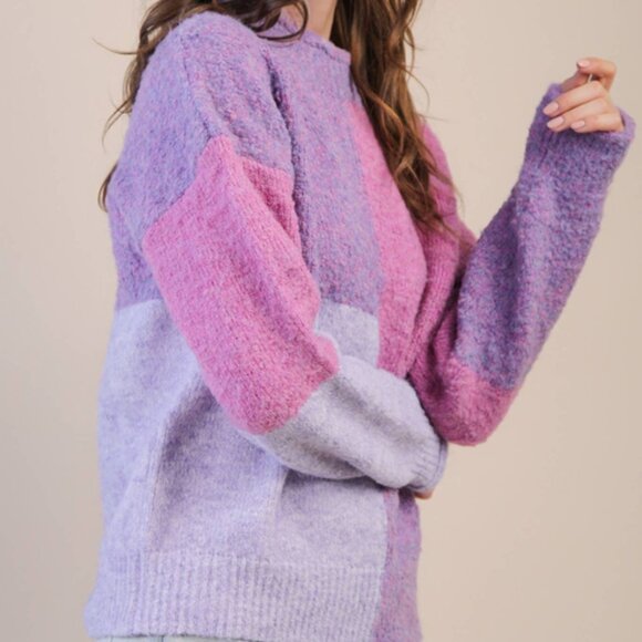 Very J ECO Oversized Purple Color Block Cozy Knit Sweater Top - Picture 7 of 7